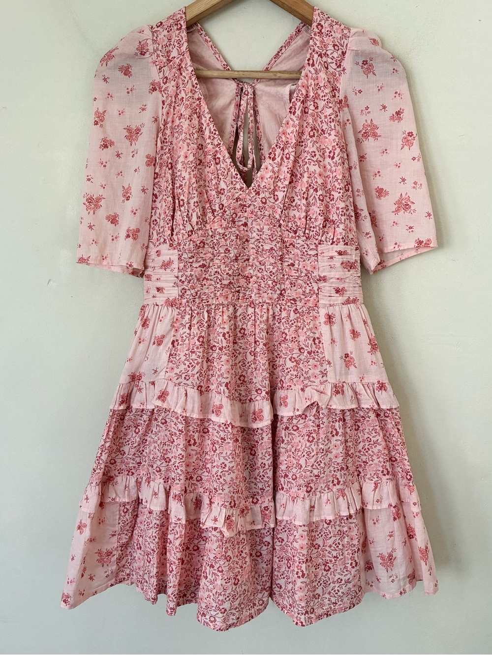 American Eagle Patchwork Pink Floral Cotton Tiered Mini Dress V-Neck Open Back M